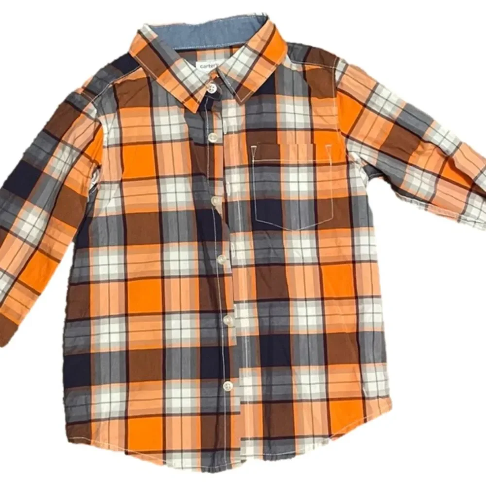 Carters Boys Size 8 Button Front Shirt Orange Black Plaid Short Sleeves